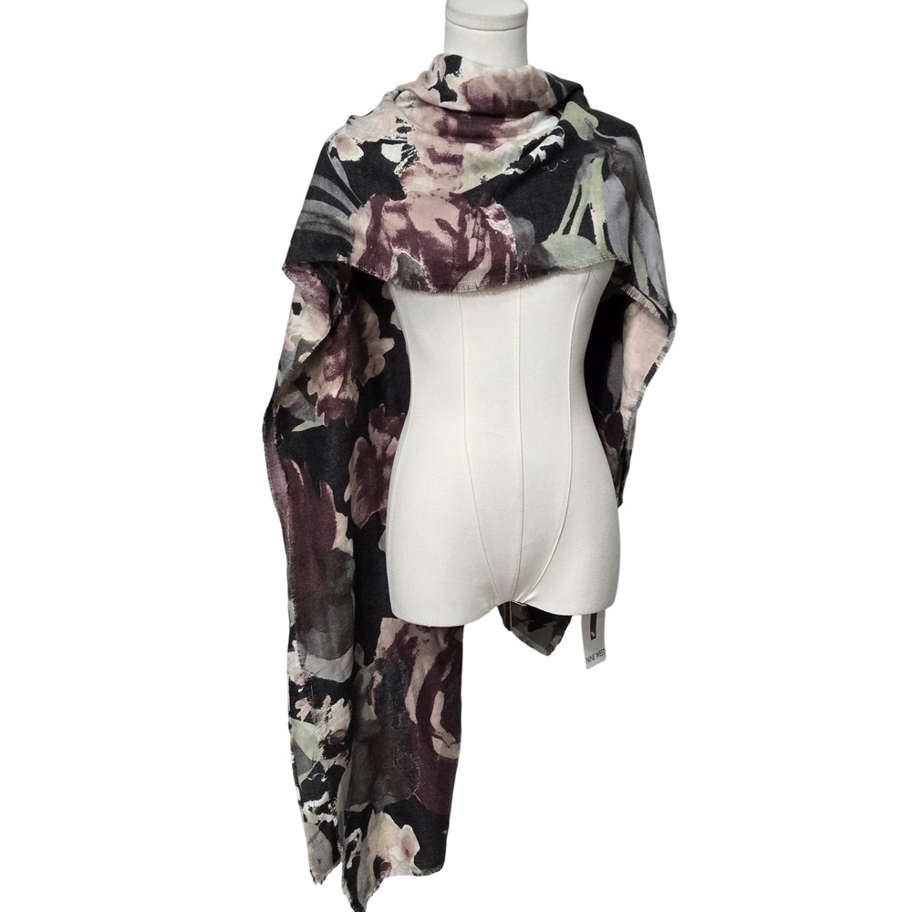 Nine West Scarf‎ Womens One Size Black Neutral Floral Rectangle Shawl Wrap